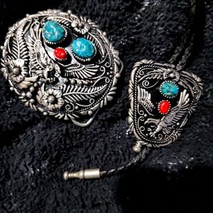 Matching neck tie with pennant and belt buckle real turquoise and ruby.